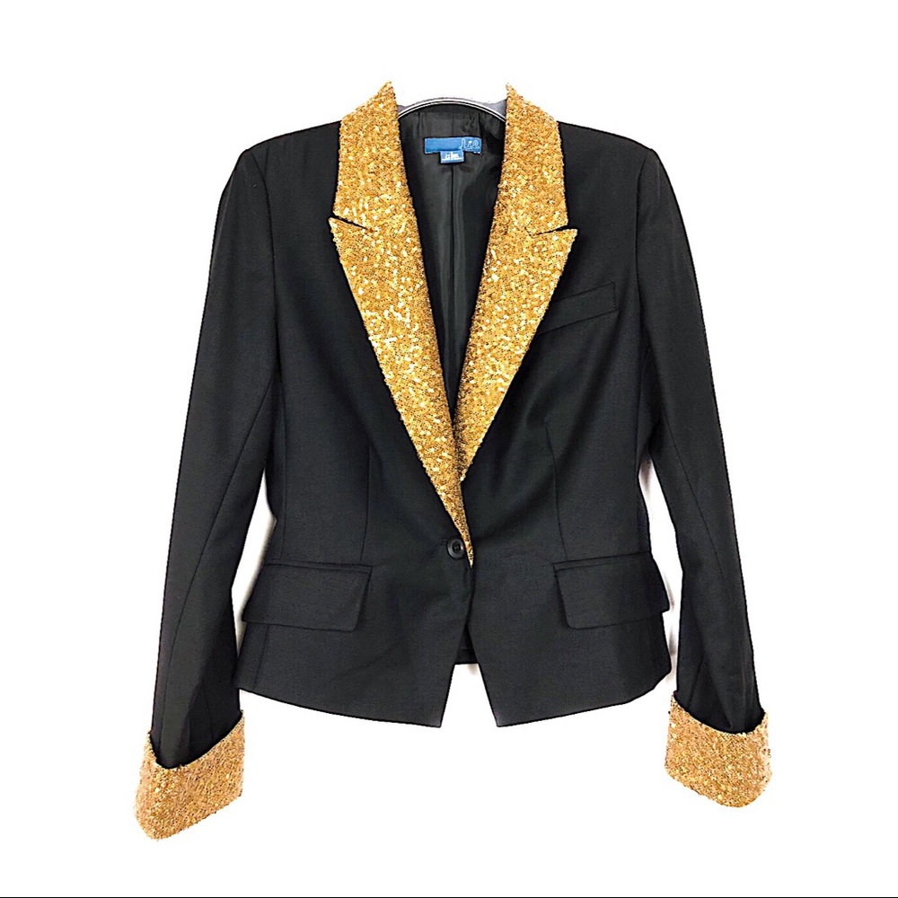 Anthro Lil Short Tuxedo Blazer Black Gold Sequin 8